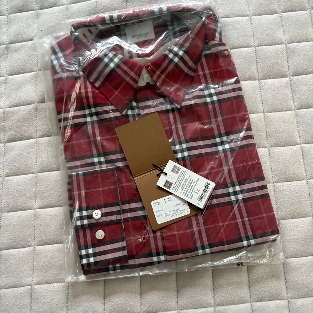 Burberry Men’s Red & White Plaid Button Down Shirt - George Bright Red IP Check - Picture 2 of 3